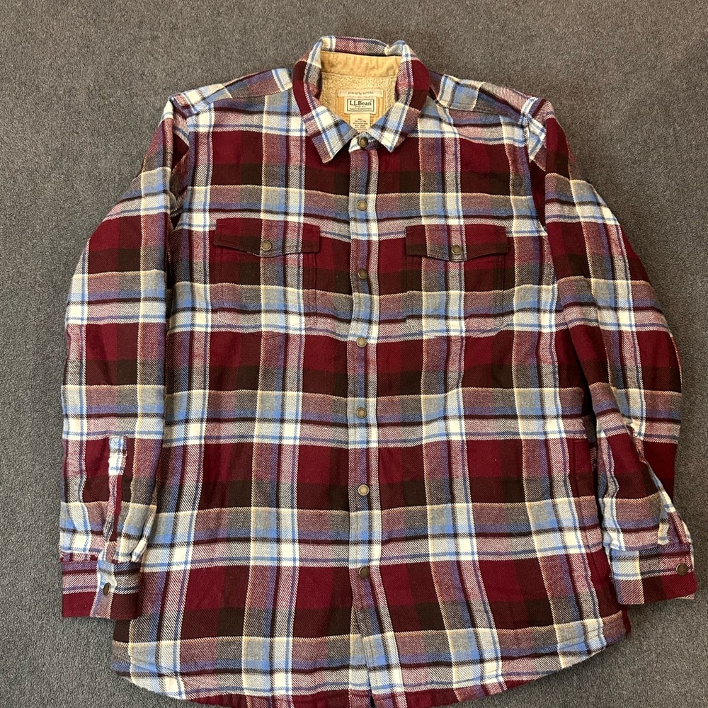 LL Bean Flannel Shirt Mens L Sherpa Lined Plaid Shacket Slightly Fitted Maroon